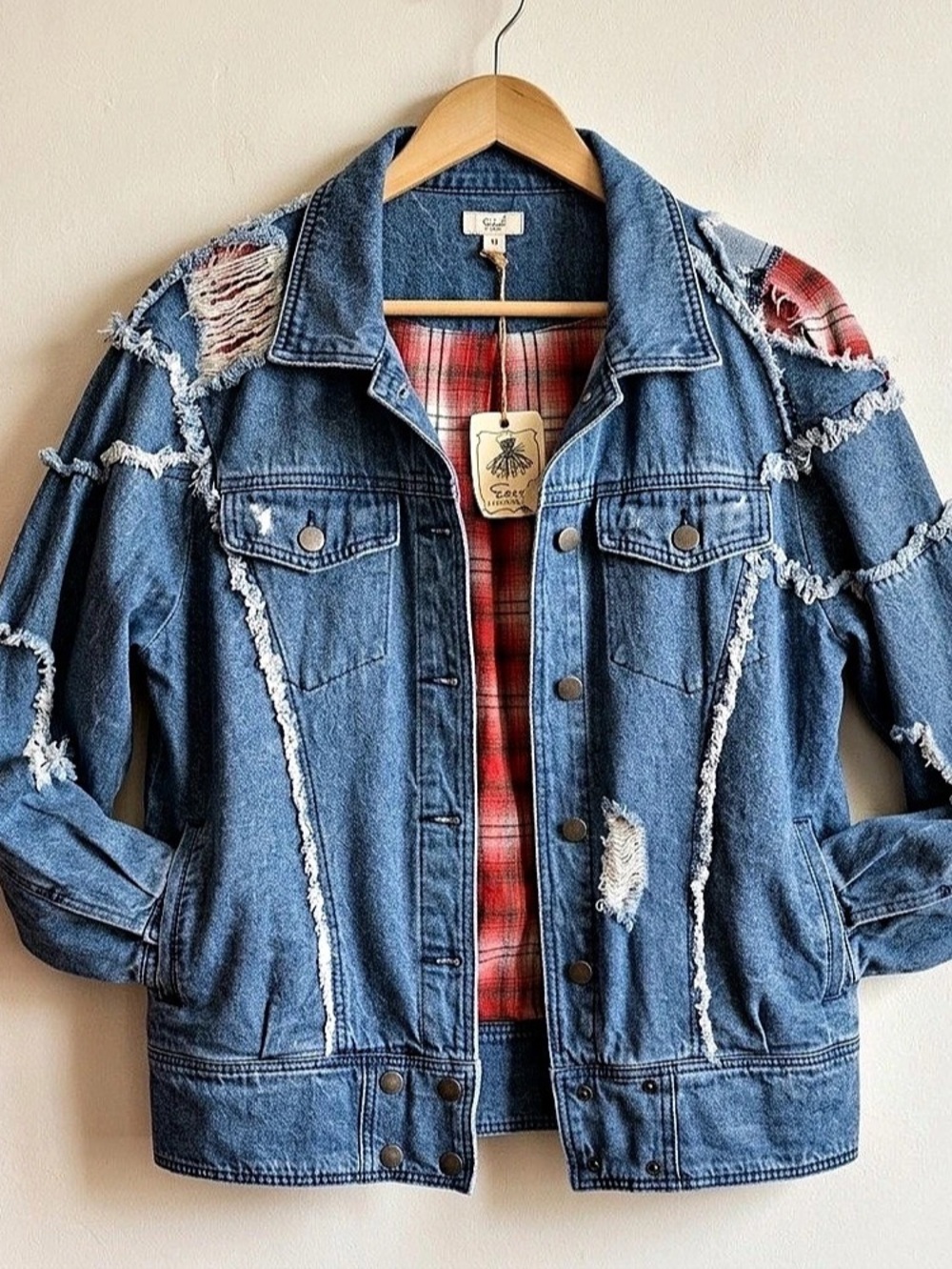 Easel Distressed Denim Jacket in Blue & Red Size Medium